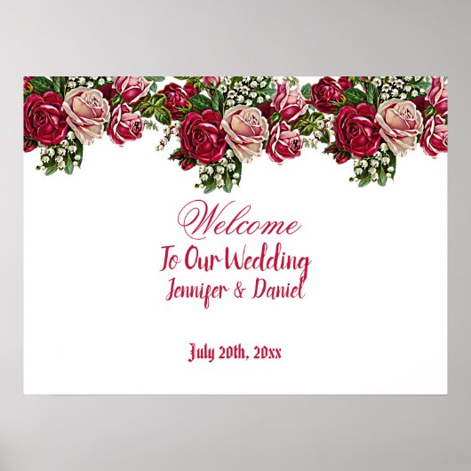 Burgund Rote Rustikale Rose Hochzeit Begrüßung Poster (Vorne)