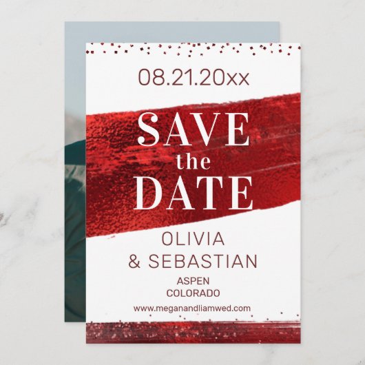 Burgund Roter Glitzer Elegantes Foto Moderne Hochz Save The Date (Vorne/Hinten)