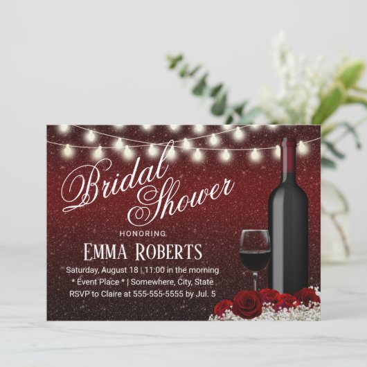 Burgund Roter Wein & Blume Modernes Brautparty Einladung (Stehend Vorderseite)