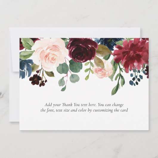 Burgund Roter Wein & Blush Bloral Wedding Dankeskarte (Rückseite)