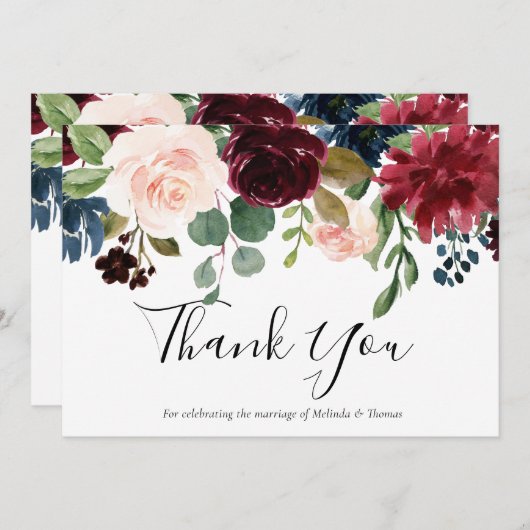 Burgund Roter Wein & Blush Bloral Wedding Dankeskarte (Vorne/Hinten)