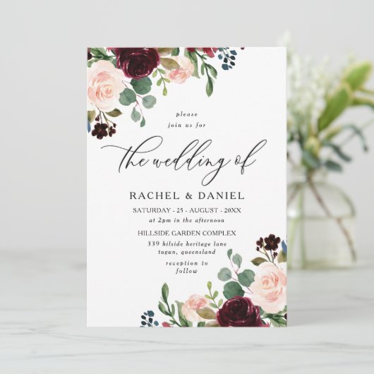 Burgund Roter Wein & Blush Moderne Hochzeit Einladung (Stehend Vorderseite)