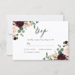 Burgund Roter Wein & Blush Moderne Hochzeit RSVP Karte