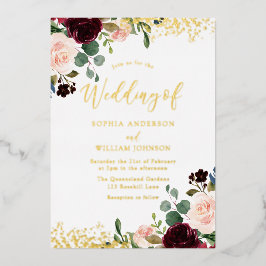 Burgund Roter Wein Hochzeit Golden Sparkle Folieneinladung