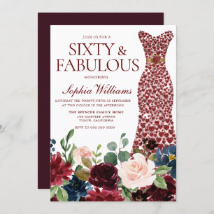 Burgund Rotes Kleid Aquarell Floral 60. Geburtstag Einladung