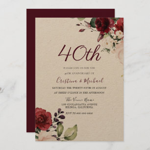 Burgund Ruby Red Floral 40. Hochzeitstag Einladung
