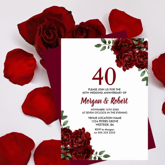 Burgund Ruby Rote Rose 40. Hochzeitstag Einladung