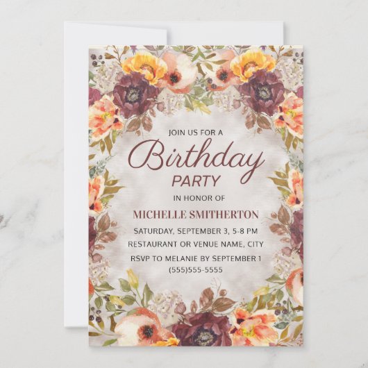 Burgund Rust Orange Bloral Women's Birthday Einladung (Vorderseite)