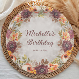 Burgund Rust Orange Bloral Women's Birthday Pappteller