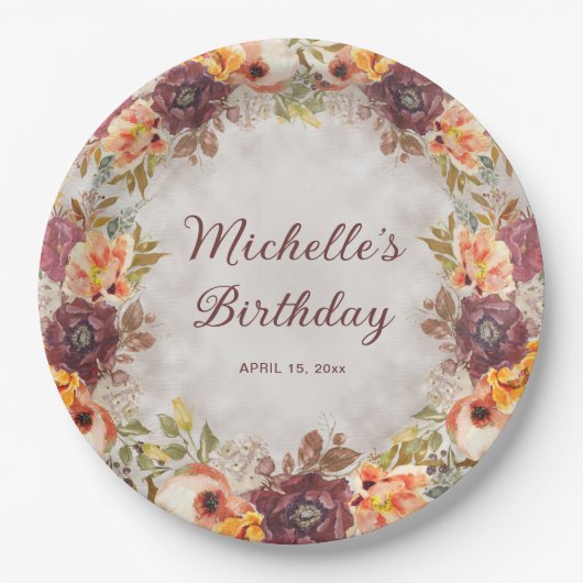 Burgund Rust Orange Bloral Women's Birthday Pappteller (Vorderseite)