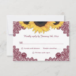 Burgund Rustic Chic Lace Sonnenblumenhochzeit RSVP Karte