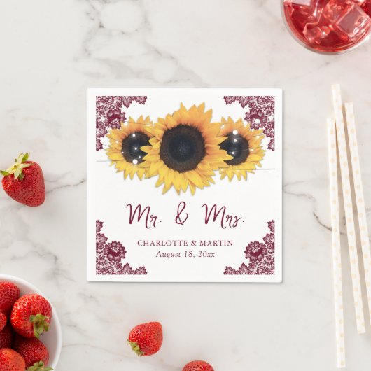 Burgund Rustic Chic Lace Sonnenblumenhochzeit Serviette (Beispiel)