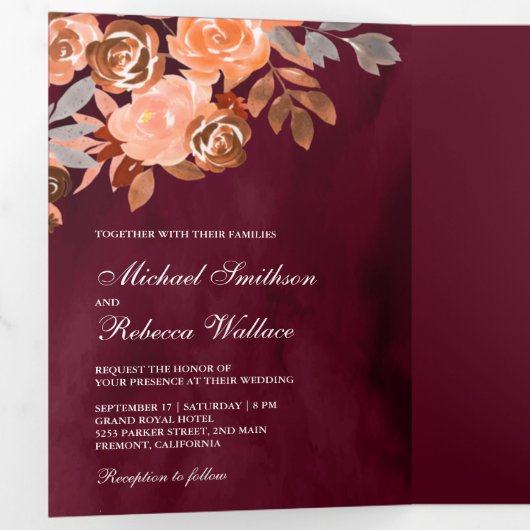 Burgund Rustic Earthy Terracotta Blumenzehen Dreifach Gefaltete Einladung (Innen Erste Seite)