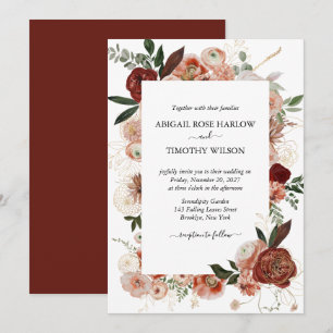 Burgund Rustic Floral Gold Rose Marsala Wedding  Einladung