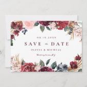 Burgund rustikal boho blühend Save the Date (Vorderseite)