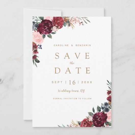 Burgund rustikal boho blühend Save the Date (Vorderseite)