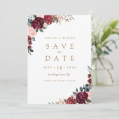 Burgund rustikal boho blühend Save the Date (Stehend Vorderseite)