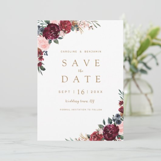 Burgund rustikal boho blühend Save the Date (Stehend Vorderseite)