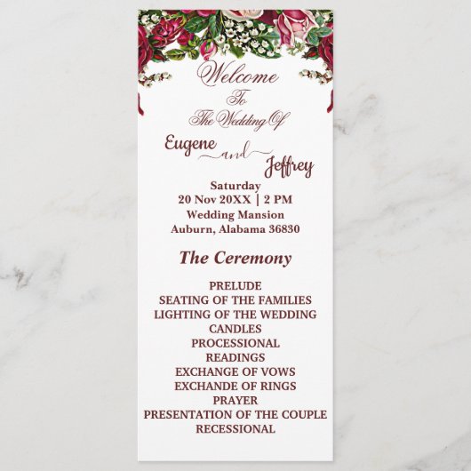 Burgund Rustikale Rose Hochzeit des Blumenthemes Programm (Vorderseite)