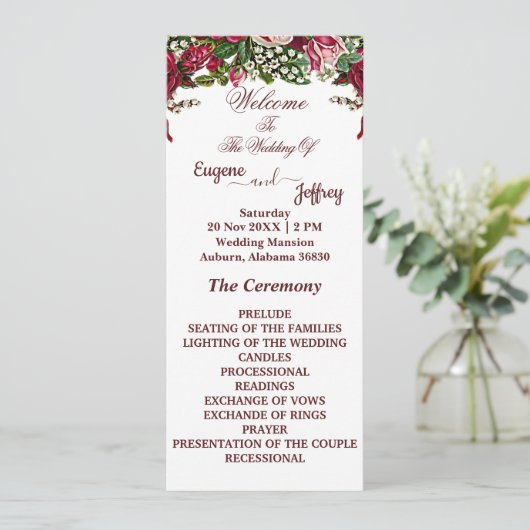 Burgund Rustikale Rose Hochzeit des Blumenthemes Programm (Stehend Vorderseite)