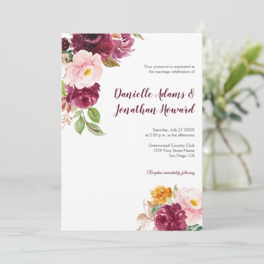 Burgund Saffron Gelbrosa Rustikale Hochzeit | Einladung (Stehend Vorderseite)