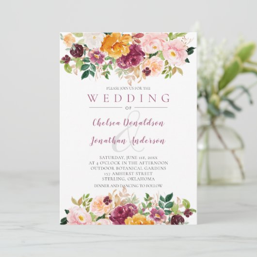 Burgund, Safran, Mauve Watercolor Blooms Wedding Einladung (Stehend Vorderseite)