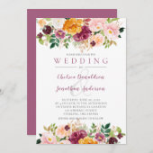 Burgund, Safran, Mauve Watercolor Blooms Wedding Einladung (Vorne/Hinten)
