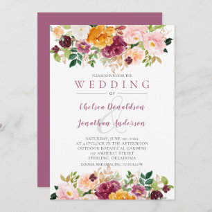 Burgund, Safran, Mauve Watercolor Blooms Wedding Einladung