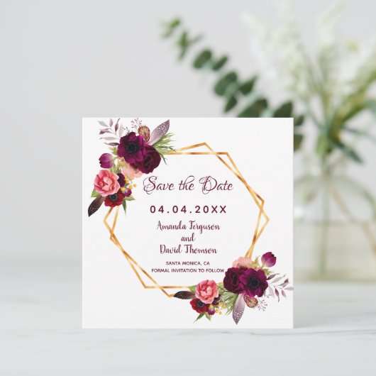 Burgund Save the Date Hochzeitsflorale (Stehend Vorderseite)