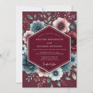 Burgund & Schiefer Luxuriöse Florale Hochzeit Einladung