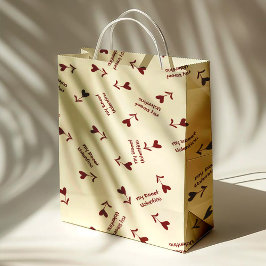Burgund-Schrift-Herzen auf Creme - Valentinsmuster Mittlere Geschenktüte