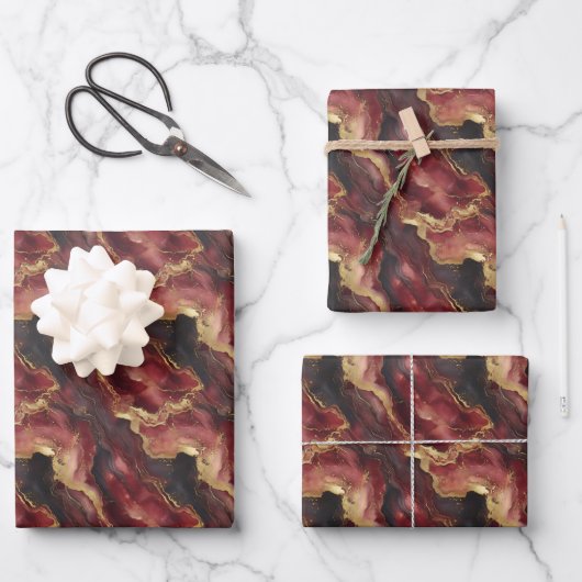 Burgund, Schwarz & Gold-Marmor Geschenkpapier Set (Vorderseite)