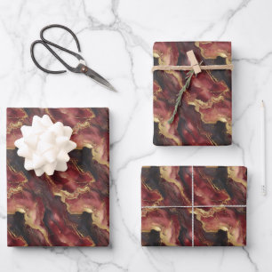 Burgund, Schwarz und Goldmarmor Geschenkpapier Set