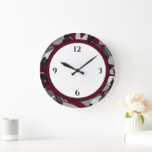 Burgund Schwarz & Weiß Moderne Blumengrenze Große Wanduhr (Zuhause)