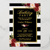 Burgund Schwarz-weiße Streifen Geburtstagsparty Folieneinladung (Vorderseite)