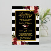 Burgund Schwarz-weiße Streifen Geburtstagsparty Folieneinladung (Stehend vorne)