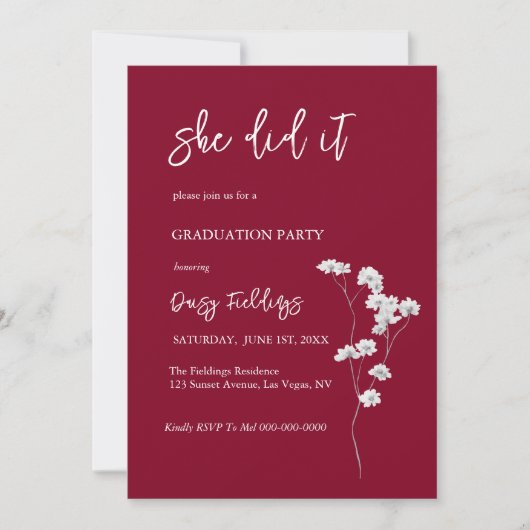 Burgund sie tat es Abschluss Foto Einladung (Vorderseite)