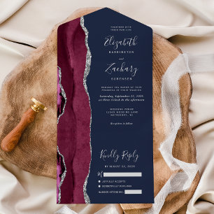 Burgund Silber Achat Navy Blau Hochzeit All In One Einladung