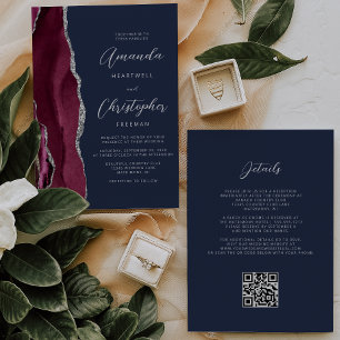 Burgund Silber Achat QR Code Navy Blau Hochzeit Einladung