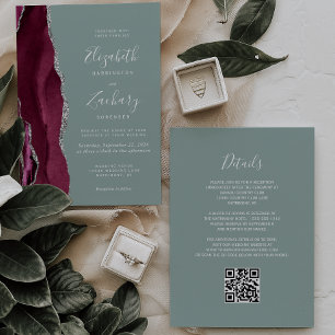 Burgund Silber Achat Salbei Grün QR Code Hochzeit Einladung
