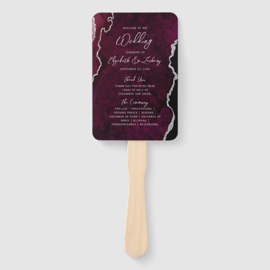 Burgund Silber-Achat-Schrift Hochzeitsprogramm Fächer (Vorderseite)