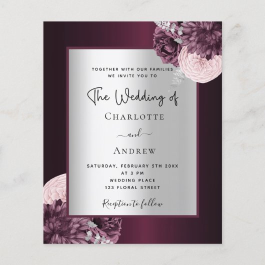 Burgund Silber Blumenzettel Einladung zur Hochzeit Flyer (Vorne)