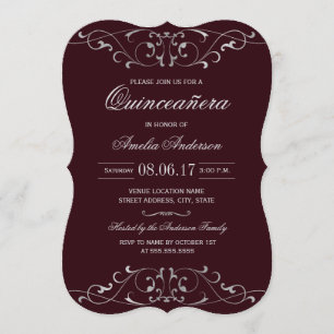 Burgund Silber Elegante Quinceanera-Einladung Einladung