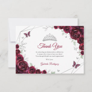 Burgund Silber Floral Quinceanera Dankeskarte