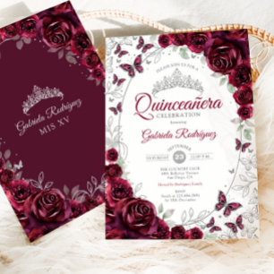 Burgund Silber Floral Quinceanera Einladung