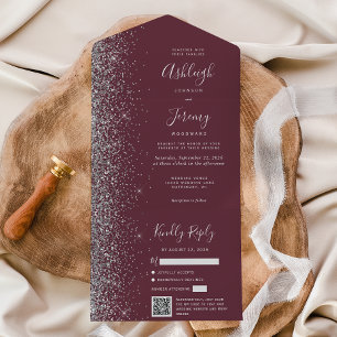 Burgund Silber Glitter QR Code Hochzeit All In One Einladung