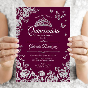 Burgund Silber Rosen Schmetterlinge Quinceanera Einladung