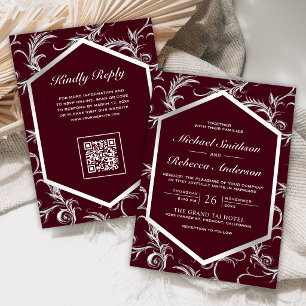 Burgund Silber Schwung Wirbel QR-Code Hochzeit Einladung