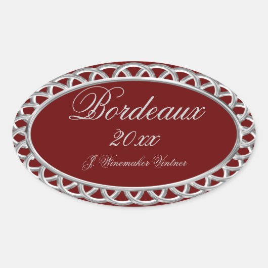 Burgund-Silber-Weinetikett Ovaler Aufkleber (Vorderseite)
