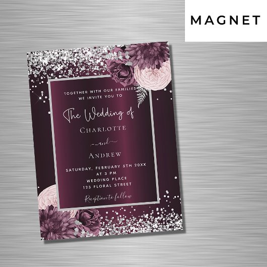 Burgund silberfarbene elegante Luxushochzeit Magneteinladung